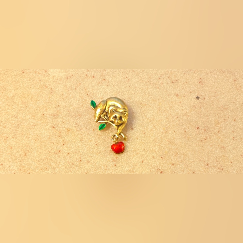 Gold and Red Apple Racoon Brooch